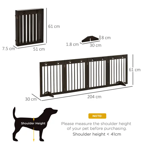 PawHut Freestanding Pet Gate 4 Panel Wooden Dog Barrier Folding Safety Fence with Support Feet up to 204cm Long 61cm Tall for Doorway Stairs Brown - 3