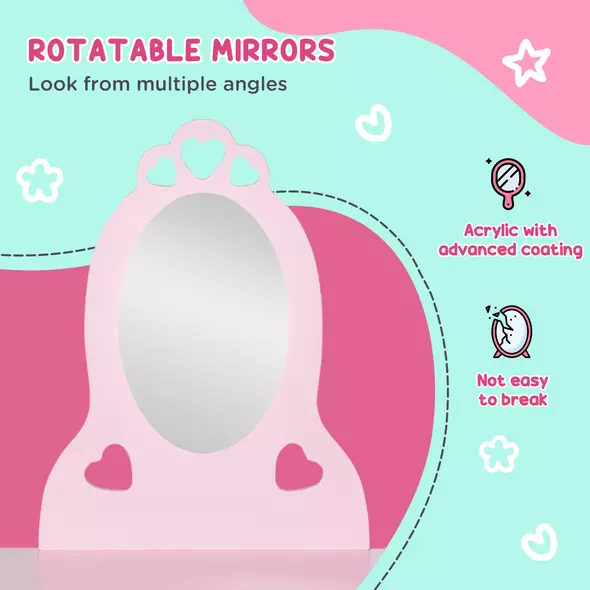 HOMCOM Kids Vanity Table & Stool Girls Dressing Set Make Up Desk Chair Dresser Play Set with Mirror Pink - 4