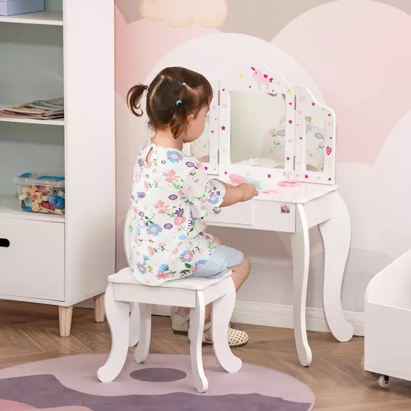 HOMCOM Kids Vanity Table and Chair Set with Tri-Folding Mirror and Stool, Makeup Dressing Table with Drawer, White - 2