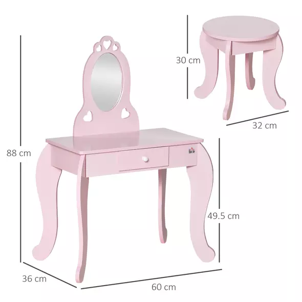 HOMCOM Kids Vanity Table & Stool Girls Dressing Set Make Up Desk Chair Dresser Play Set with Mirror Pink - 3