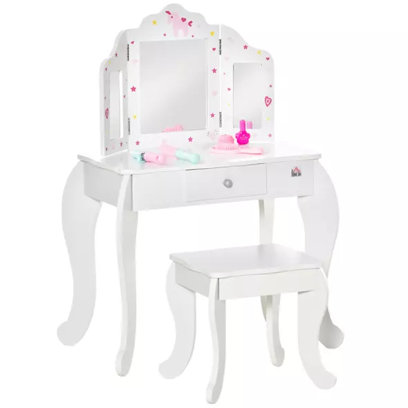 HOMCOM Kids Vanity Table and Chair Set with Tri-Folding Mirror and Stool, Makeup Dressing Table with Drawer, White - 1
