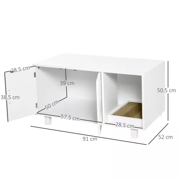 PawHut Wooden Cat Litter Box Enclosure & House with Nightstand/End Table Design, Scratcher, & Magnetic Doors, White - 3