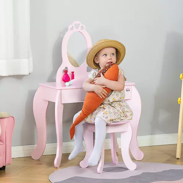 HOMCOM Kids Vanity Table & Stool Girls Dressing Set Make Up Desk Chair Dresser Play Set with Mirror Pink - 2