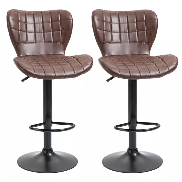 HOMCOM Bar Stools Set of 2 Adjustable Height Swivel Bar Chairs in PU Leather with Backrest & Footrest, Brown - 1