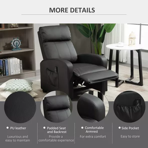 HOMCOM Massage Recliner Armchair with 150° Recline, Faux Leather, Side Pocket, Black - 6