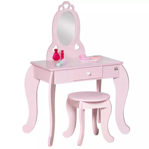 HOMCOM Kids Vanity Table & Stool Girls Dressing Set Make Up Desk Chair Dresser Play Set with Mirror Pink - 1