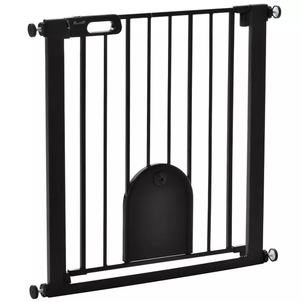 PawHut Dog Gate with Cat Flap Pet Safety Gate Barrier, Stair Pressure Fit, Auto Close, Double Locking, for Doorways, Hallways, 75-82 cm Black - 1