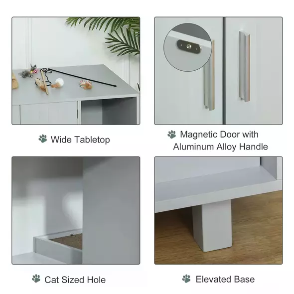 PawHut Wooden Cat Litter Box Enclosure & House with Nightstand/End Table Design, Scratcher, & Magnetic Doors, Grey - 6