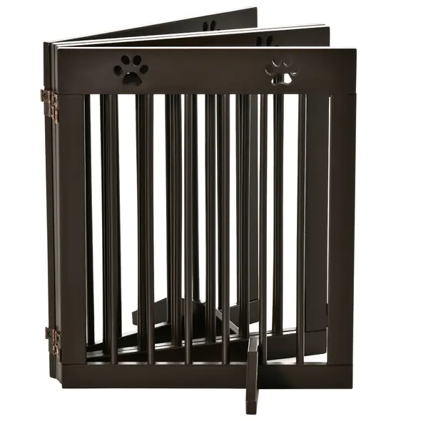 PawHut Freestanding Pet Gate 4 Panel Wooden Dog Barrier Folding Safety Fence with Support Feet up to 204cm Long 61cm Tall for Doorway Stairs Brown - 8