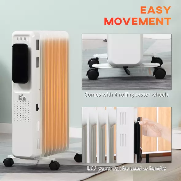 HOMCOM 2000W Oil Filled Radiator, 9 Fin Portable Electric Heater with LED Display, 24H Timer, 3 Heat Settings, Adjustable Thermostat, Safety Cut off, Remote Control, White - 8