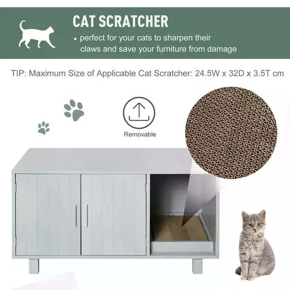 PawHut Wooden Cat Litter Box Enclosure & House with Nightstand/End Table Design, Scratcher, & Magnetic Doors, Grey - 5