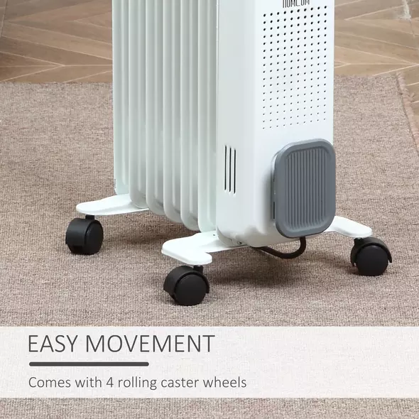 HOMCOM 1500W Oil Filled Radiator, Portable Electric Heater with 3 Heat Settings, Safety Cut-Off and Wheels, White - 7