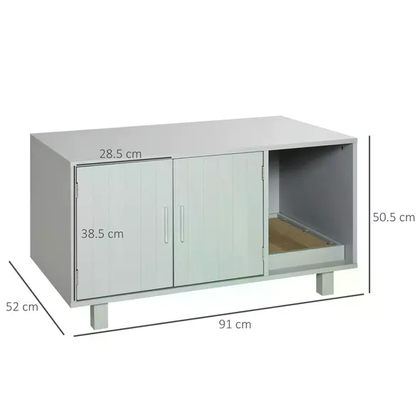 PawHut Wooden Cat Litter Box Enclosure & House with Nightstand/End Table Design, Scratcher, & Magnetic Doors, Grey - 3