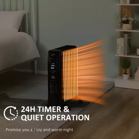 HOMCOM 2000W Digital Oil Filled Radiator, 9 Fin, Portable Electric Heater with LED Display, 24-Hour Timer, 3 Heat Settings, Safety Cut-Off and Remote Control, Black - 6