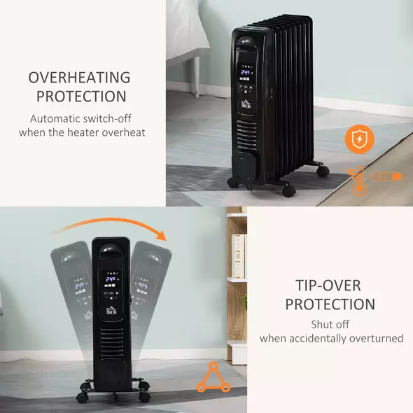HOMCOM 2000W Digital Oil Filled Radiator, 9 Fin, Portable Electric Heater with LED Display, 24-Hour Timer, 3 Heat Settings, Safety Cut-Off and Remote Control, Black - 4