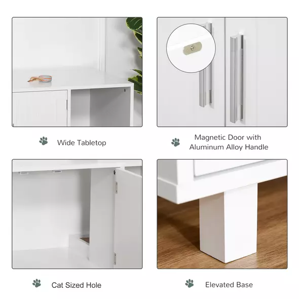 PawHut Wooden Cat Litter Box Enclosure & House with Nightstand/End Table Design, Scratcher, & Magnetic Doors, White - 6