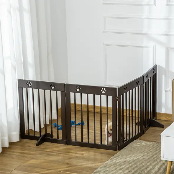PawHut Freestanding Pet Gate 4 Panel Wooden Dog Barrier Folding Safety Fence with Support Feet up to 204cm Long 61cm Tall for Doorway Stairs Brown - 7