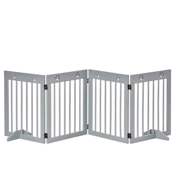 PawHut Freestanding Pet Gate 4 Panel Folding Wooden Dog Barrier w/ Support Feet - 1