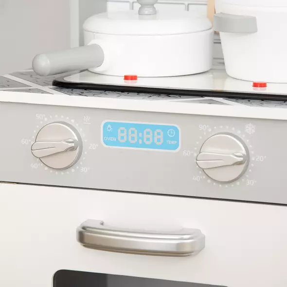 HOMCOM Kids Wooden Toy Kitchen Pretend Play Cooking Playset w/ Sound & Light Effect, Battery Operated Cooktop, Ice Machine, Marble Pattern Countertop, for 3-6 Years Old - 8