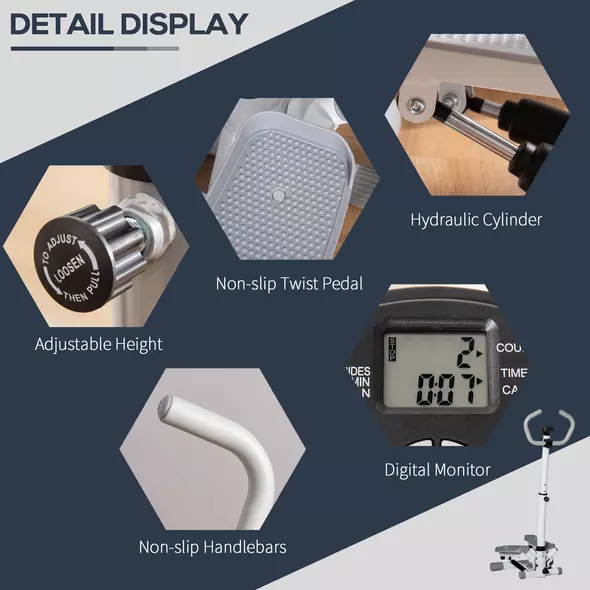 HOMCOM Adjustable Twist Stepper Aerobic Ab Exercise Fitness Workout Machine w/ LCD Screen, Height Adjust Handlebars for Home Gym, White and Grey - 4