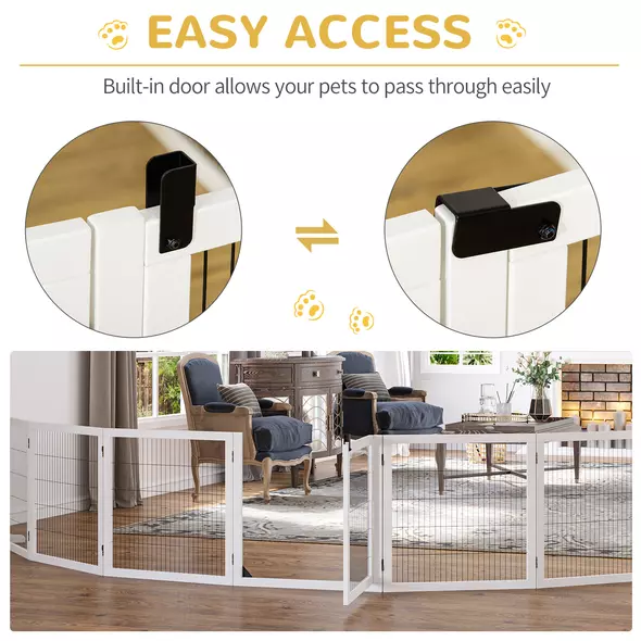 PawHut Wooden Pet Gate, Freestanding Dog Safety Barrier, w/ 2 Support Feet, White - 4