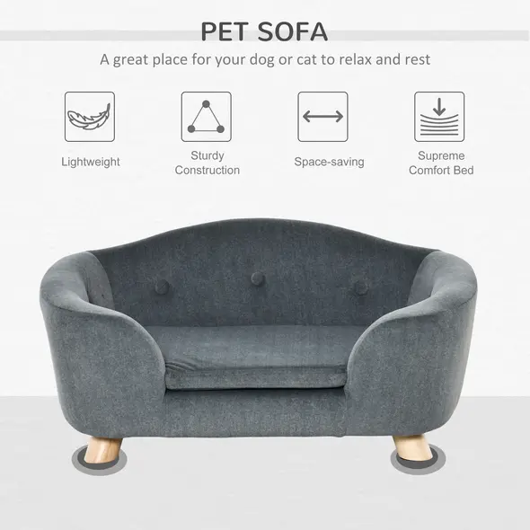 PawHut Dog Sofa Bed Pet Chair Couch with Water Resistant Fabric, Kitten Lounge with Soft Cushion, Wooden Frame for Mini Size Dogs - Grey - 4