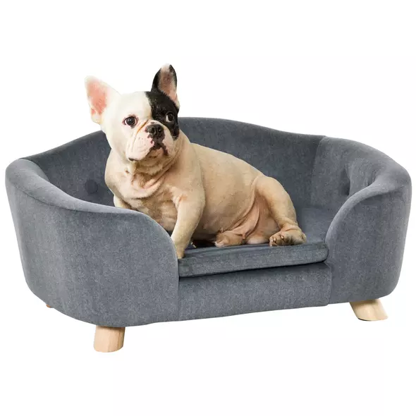 PawHut Dog Sofa Bed Pet Chair Couch with Water Resistant Fabric, Kitten Lounge with Soft Cushion, Wooden Frame for Mini Size Dogs - Grey - 1
