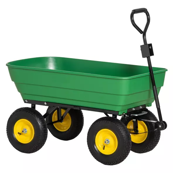 Outsunny 125 Litre Large Garden Cart Heavy Duty 4 Wheel Trolley Dump Wheelbarrow Tipping Truck Trailer - Green - 1