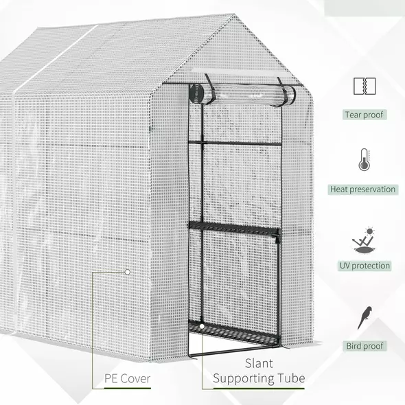 Outsunny Walk In Greenhouse with 2-Tier Shelves, Roll up Zip Panel Door, Garden Polytunnel Steeple Grow House for Outdoor, 6 x 4 x 6ft White - 4