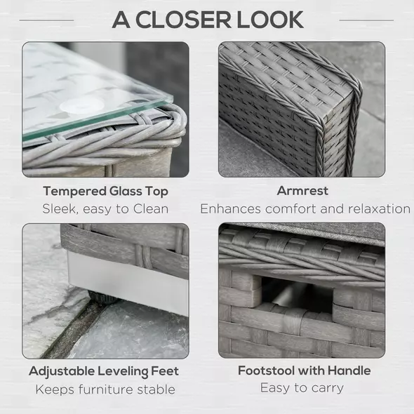 Outsunny 6 Pieces Outdoor PE Rattan Wicker Corner Sofa Set with 10cm Thick Padded Cushions, Aluminium Conservatory Furniture with Glass Top Coffee Table, Footstools, Grey - 7