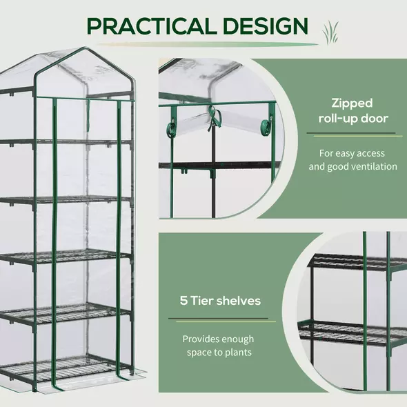 Outsunny 5 Tier Mini Greenhouse, Small Walk-in Greenhouse with Reinforced Plastic Cover, Garden Grow House with Roll Up Door and Shelves, 69 x 49 x 193cm, Green - 5