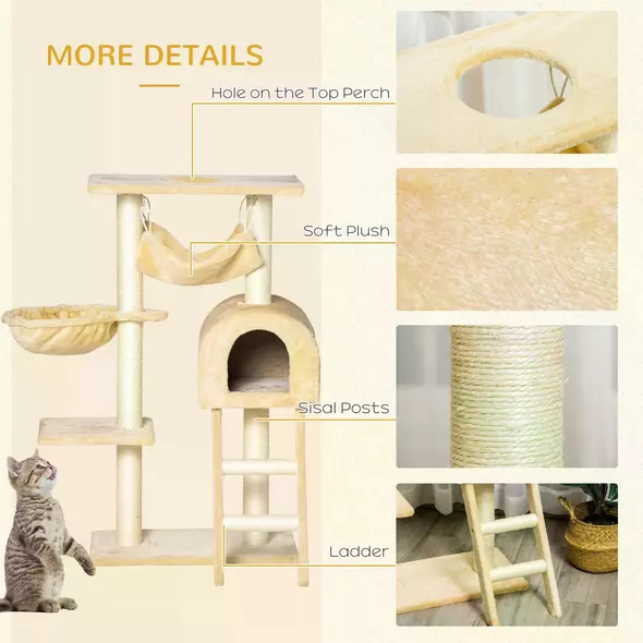 PawHut Cat Tree Tower for Indoor Cats Kitten Activity Centre Scratching Post w/ Hammock House Basket Ladder - Beige - 6