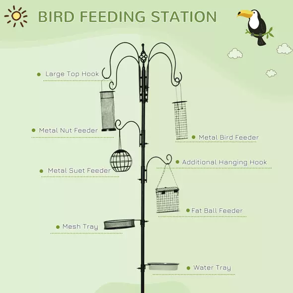 Pawhut Bird Feeding Station Kit, Wild Bird Feeder Pole with 6 Hooks, 4 Hanging Feeders for Peanuts, Seed, Fat Balls, for Garden, Outdoor, Black - 4