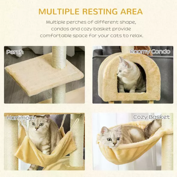 PawHut Cat Tree Tower for Indoor Cats Kitten Activity Centre Scratching Post w/ Hammock House Basket Ladder - Beige - 5