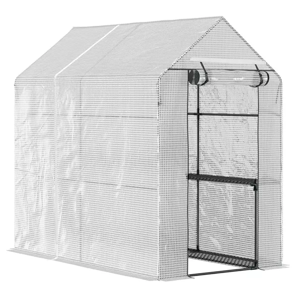 Outsunny Walk In Greenhouse with 2-Tier Shelves, Roll up Zip Panel Door, Garden Polytunnel Steeple Grow House for Outdoor, 6 x 4 x 6ft White - 1