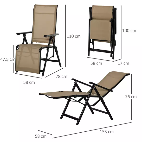 Outdoor Set of 2 Outdoor Sun Lounger 10-Position Adjustable Texteline Folding Reclining Chairs with Footrest for Patio Garden, Beige - 3