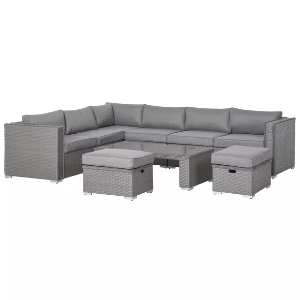 Outsunny 6 Pieces Outdoor PE Rattan Wicker Corner Sofa Set with 10cm Thick Padded Cushions, Aluminium Conservatory Furniture with Glass Top Coffee Table, Footstools, Grey - 1