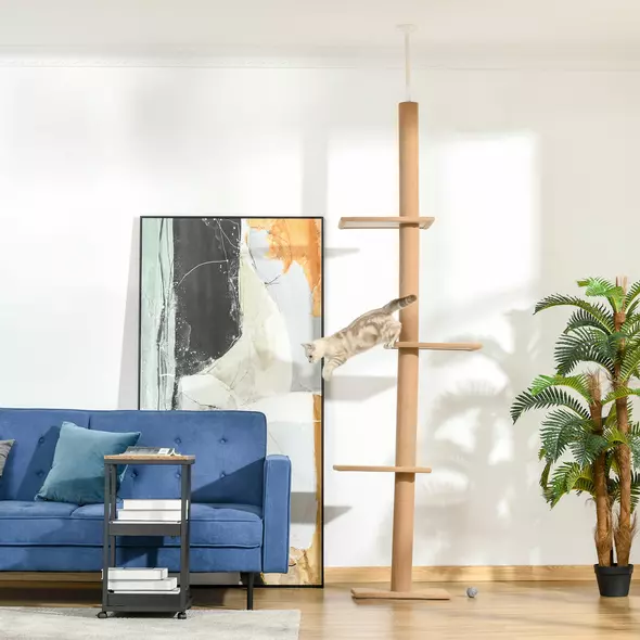 PawHut 260cm Floor To Ceiling Cat Tree for Indoor Cats w/ Three Platforms Activity Centre - Brown - 2