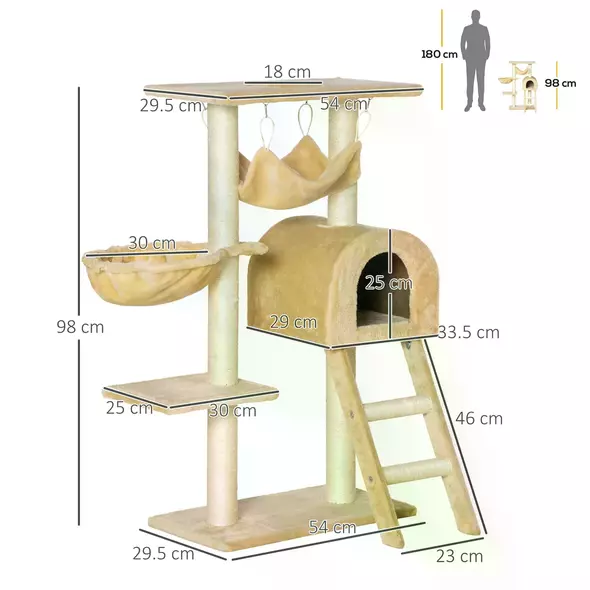 PawHut Cat Tree Tower for Indoor Cats Kitten Activity Centre Scratching Post w/ Hammock House Basket Ladder - Beige - 3