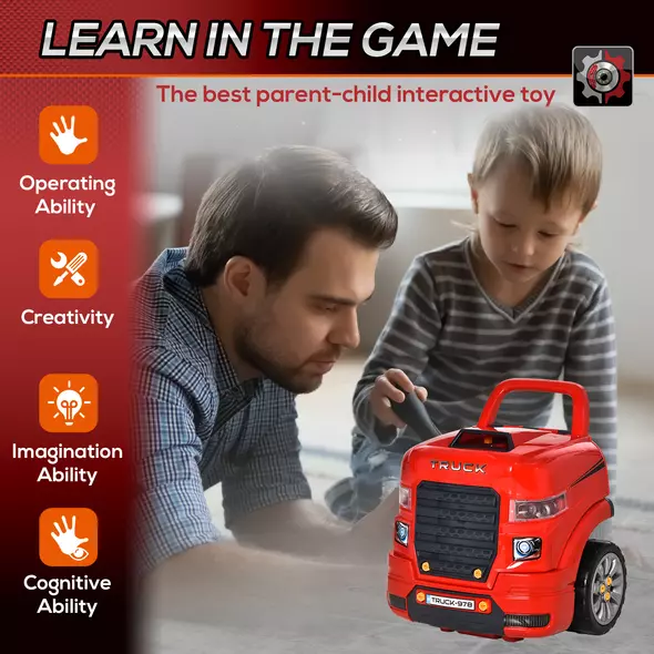 HOMCOM Kids Truck Engine Toy Set, Toddler Educational Car Service Station Playset, Take Apart Workshop, w/ RC Car Key, Steering wheel, Horn, Light, for 3-5 Years Old Red - 7