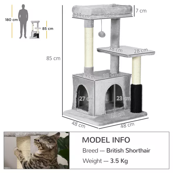PawHut Cat Tree for Indoor Cats Climbing Tower Kitten Scratch Post Activity Center Kitten, Grey - 3