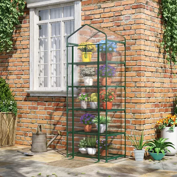 Outsunny 5 Tier Mini Greenhouse, Small Walk-in Greenhouse with Reinforced Plastic Cover, Garden Grow House with Roll Up Door and Shelves, 69 x 49 x 193cm, Green - 2