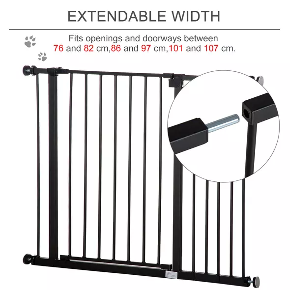 PawHut Dog Gate Pet Safety Gate Stair Barrier Pressure Fit Adjustable 76-82/86-97/101-107 cm, Black - 6