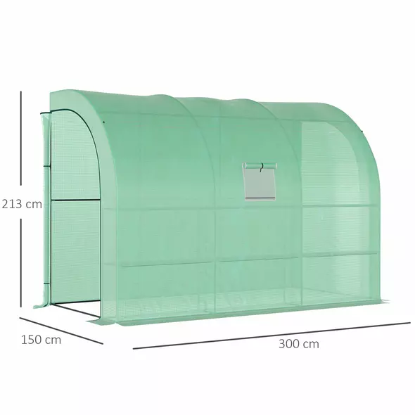 Outsunny Walk-In Lean to Greenhouse with Windows and Zippered Doors, 2 Tiers 6 Wired Shelves 300L x 150W x 213Hcm Green - 3