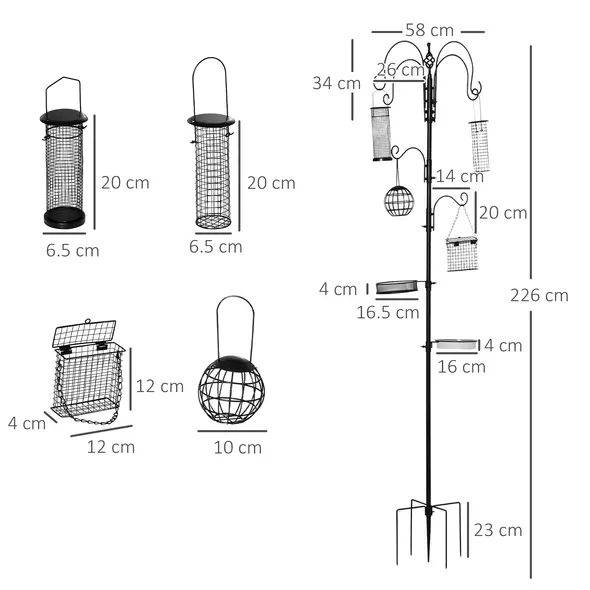 Pawhut Bird Feeding Station Kit, Wild Bird Feeder Pole with 6 Hooks, 4 Hanging Feeders for Peanuts, Seed, Fat Balls, for Garden, Outdoor, Black - 3
