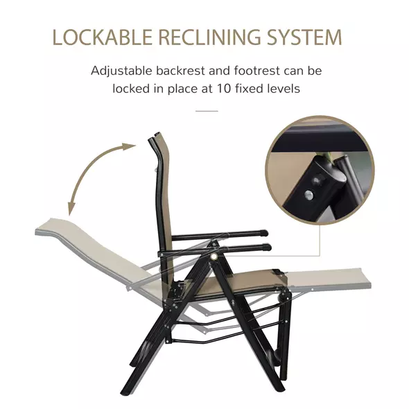 Outdoor Set of 2 Outdoor Sun Lounger 10-Position Adjustable Texteline Folding Reclining Chairs with Footrest for Patio Garden, Beige - 5