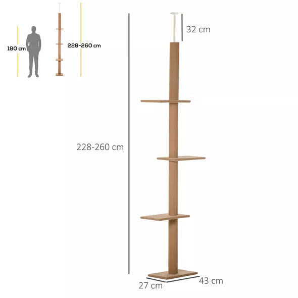 PawHut 260cm Floor To Ceiling Cat Tree for Indoor Cats w/ Three Platforms Activity Centre - Brown - 3