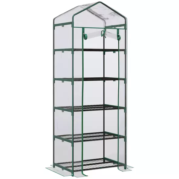 Outsunny 5 Tier Mini Greenhouse, Small Walk-in Greenhouse with Reinforced Plastic Cover, Garden Grow House with Roll Up Door and Shelves, 69 x 49 x 193cm, Green - 1