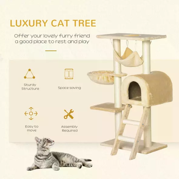 PawHut Cat Tree Tower for Indoor Cats Kitten Activity Centre Scratching Post w/ Hammock House Basket Ladder - Beige - 4