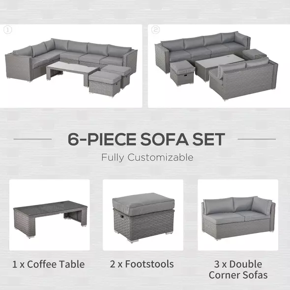 Outsunny 6 Pieces Outdoor PE Rattan Wicker Corner Sofa Set with 10cm Thick Padded Cushions, Aluminium Conservatory Furniture with Glass Top Coffee Table, Footstools, Grey - 6